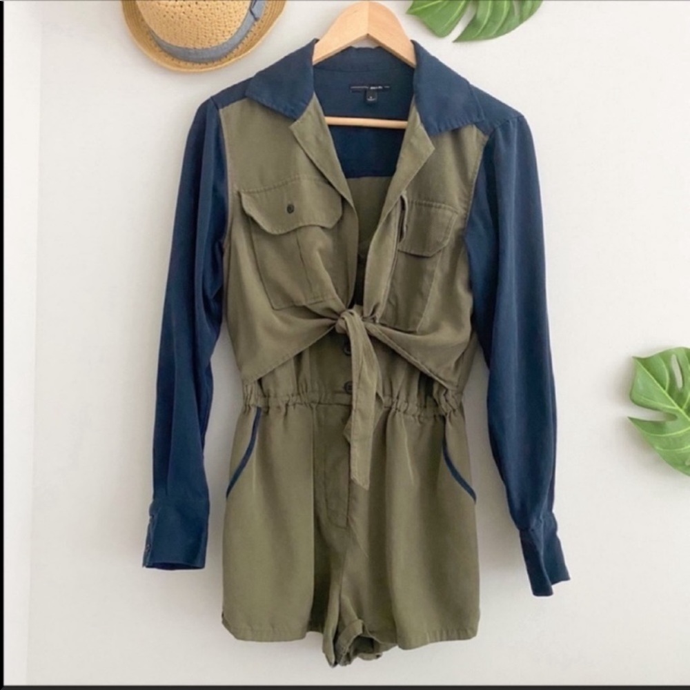 Dolce Vita Olive Green and Navy Tie-Front Utility Romper